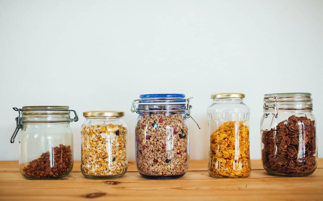 A variety of glass jars for storing food